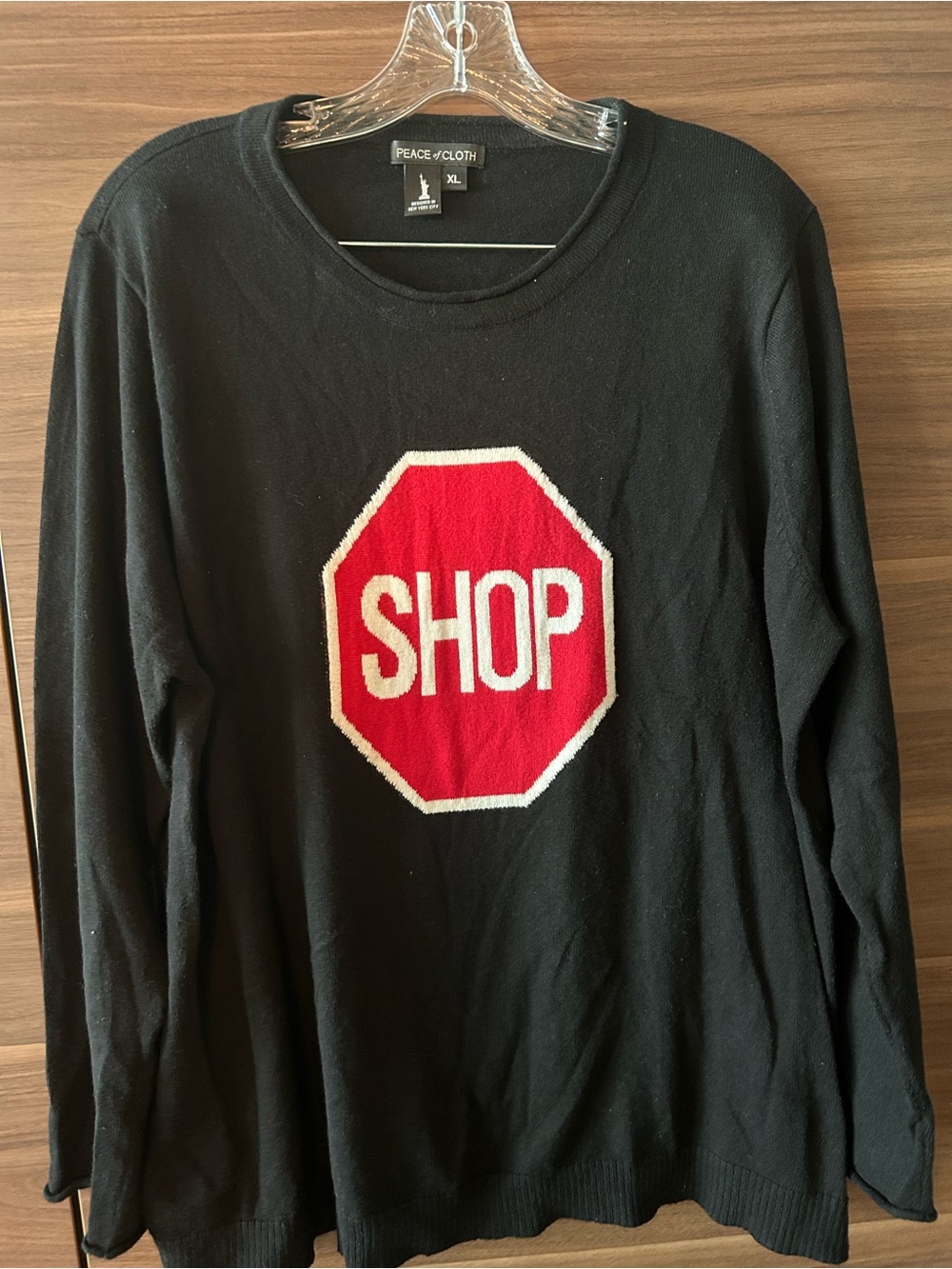 Peace of Cloth Black Sweater with Red & White 'SHOP' Octagon